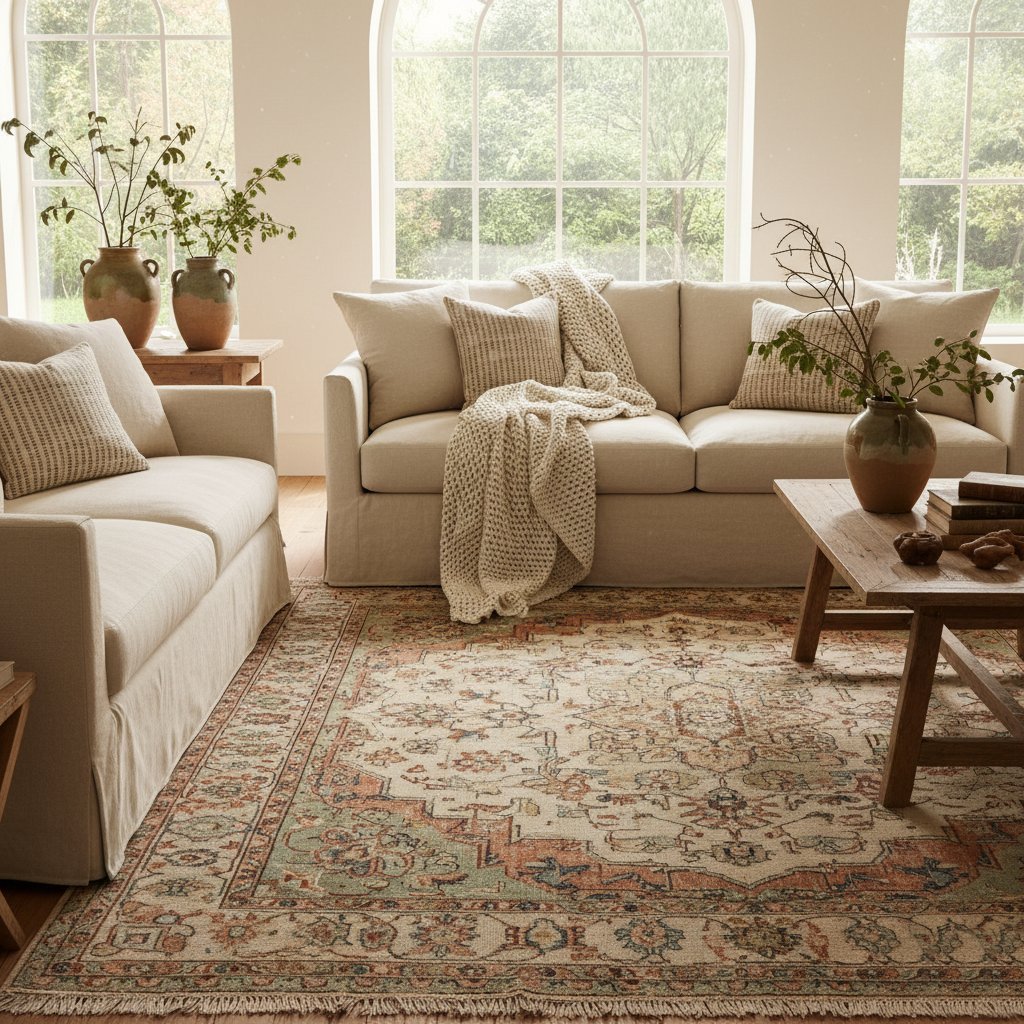 Sunlit living room with antique Persian rug, linen sofa, and foraged branches showcasing timeless elegance.