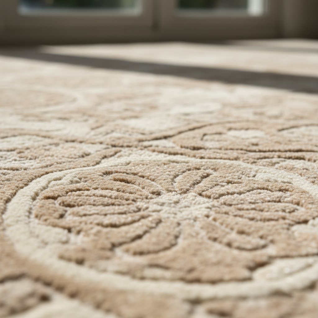 Textured wool and silk rug in neutral tones, highlighting luxurious materials and subtle patterns.
