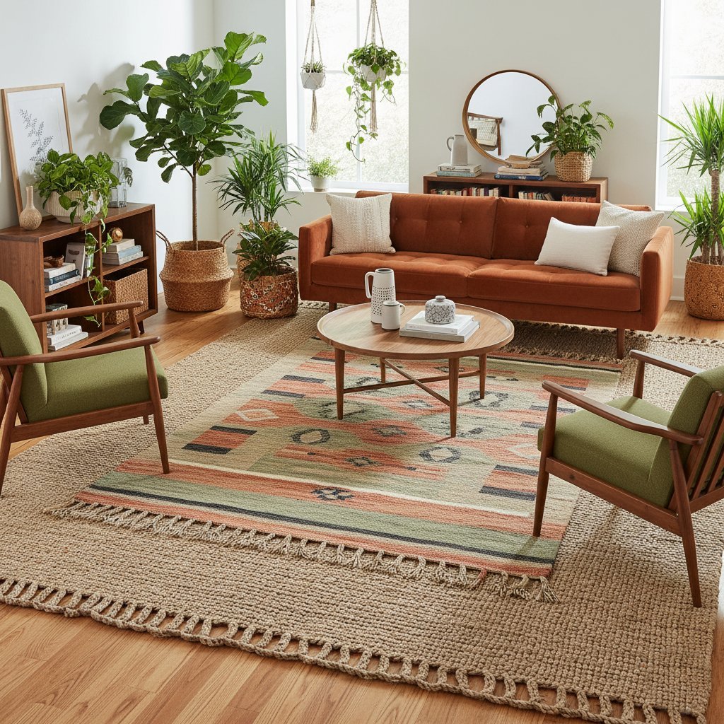 Layered rugs in a modern living room, creating depth and visual interest in a collected, eclectic space.