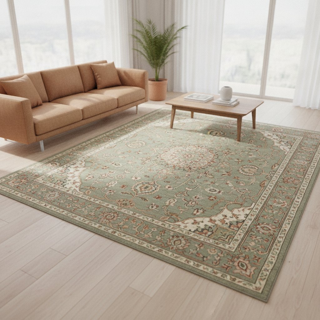 A modern minimalist living room featuring a large Persian rug in muted sage, terracotta, and ivory tones.