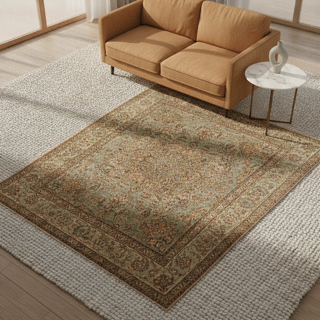 A modern living space showcasing two layered rugs: a large bouclé wool rug beneath a smaller, patterned Persian silk and wool rug.