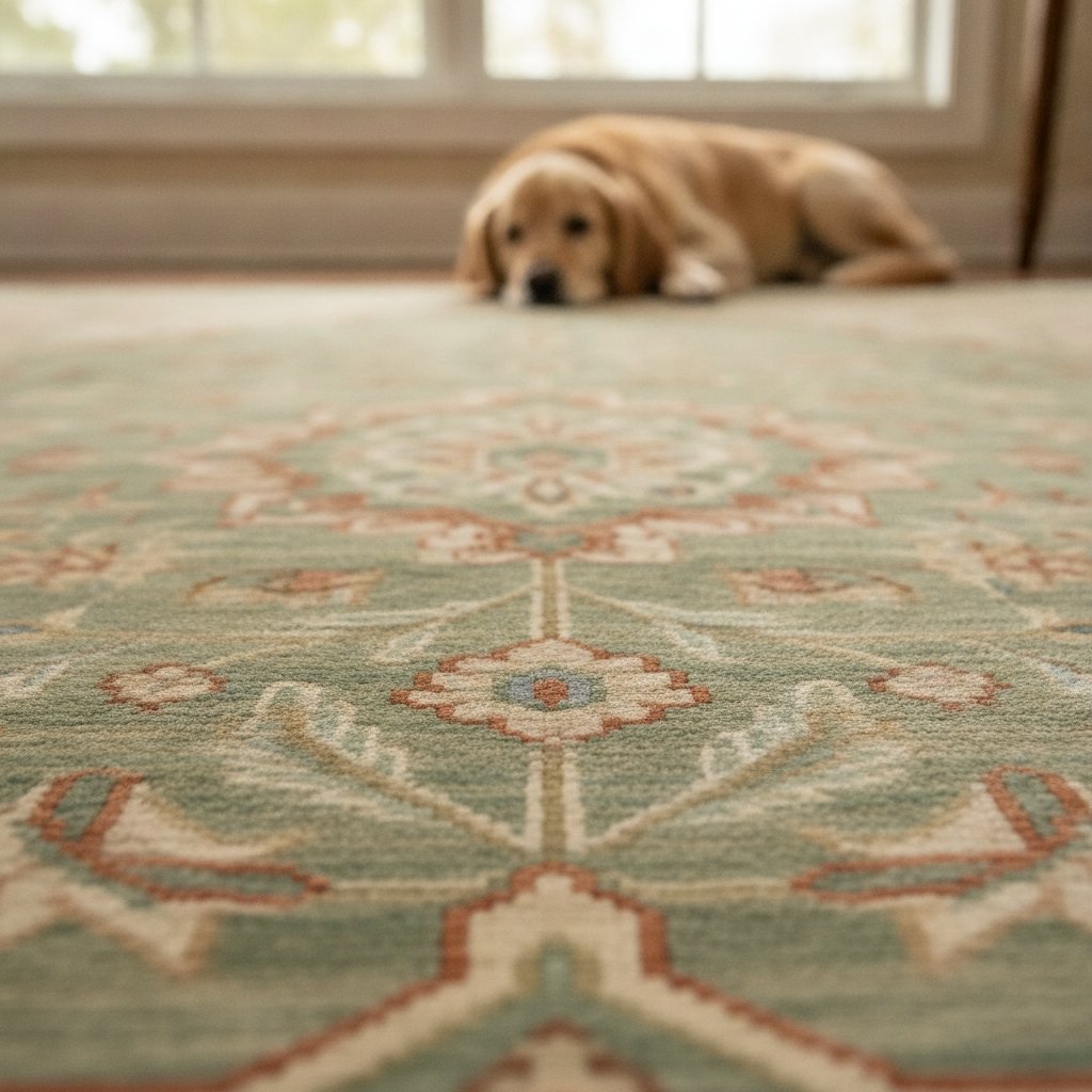 Close-up of a luxurious wool and silk Persian rug in soft greens and creams, with a golden retriever dog resting on it.
